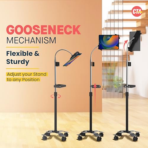 CTA Digital Mobile Floor Stand Compact, Adjustable Gooseneck Floor Stand with Handle & Swivel Casters For iPad Gen 7-10, iPad Air 4, 12.9”, Surface Pro, Zebra Tablets, & Other 7-13” Tablets (PAD-CGSH)