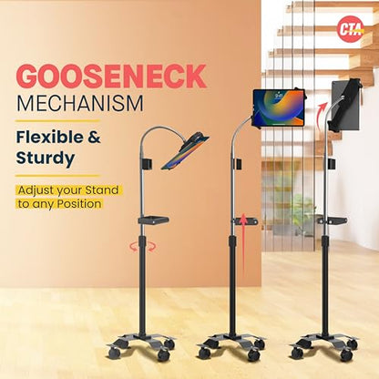 CTA Digital Mobile Floor Stand Compact, Adjustable Gooseneck Floor Stand with Handle & Swivel Casters For iPad Gen 7-10, iPad Air 4, 12.9”, Surface Pro, Zebra Tablets, & Other 7-13” Tablets (PAD-CGSH)