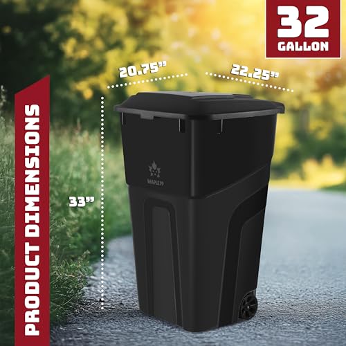 Outdoor Garbage Can with Lid, 32 Gallon Wheeled Large Trash Can, Snap Lid - color: Black