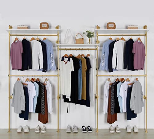 Industrial Pipe Clothing Rack Wall Mounted 5 Hanging Rods Garment Bar with Storage Shelf, Heavy Duty Metal Clothes Racks Closet System for Hanging Clothes Retail Display (Gold) - style: 5-Hanging with shelf Gold