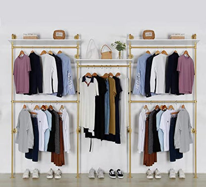 Industrial Pipe Clothing Rack Wall Mounted 5 Hanging Rods Garment Bar with Storage Shelf, Heavy Duty Metal Clothes Racks Closet System for Hanging Clothes Retail Display (Gold) - style: 5-Hanging with shelf Gold