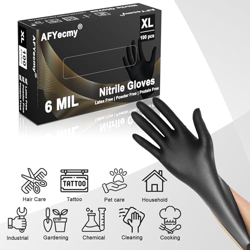 Disposable Nitrile Gloves, Chemical Resistant, Powder and Latex Free, Food Safe, Black Heavy Duty Gloves, 6 Mil, 100 Count, X-Large - size: X-Large, style: Black 6mil Box of 100