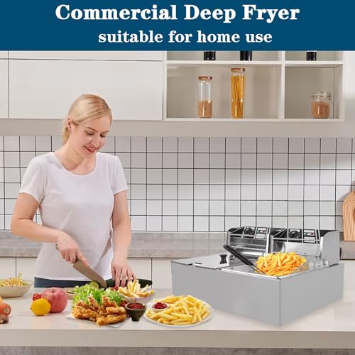 20QT Electric Deep Fryer, 2500W Commercial Stainless Steel Double Tank Countertop Fryer with Dual Baskets, Temperature Control for Restaurant, Food Truck & Home Use - size: 20QT