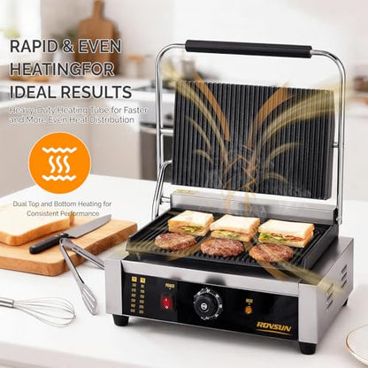 Bonnlo 811E Commercial Sandwich Make, 2200W Stainless Steel Countertop Panini Press Grill with Adjustable Temp 122°F–572°F, For Steak, Burgers, Home & Restaurant Use, 110V, Silver - size: 12.2"D x 16.7"W x 8"H