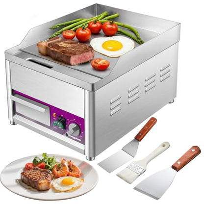 Mvegoiuok Commercial Electric Griddle 14 Inch Stainless Steel Table Top Griddle 1800W Indoor Grill Electric Flat Top Grill Smokeless