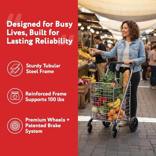 dbest Products Cruiser Cart Deluxe 2 - Foldable Shopping Cart with Wheels & Brake System - Heavy Duty Collapsible Utility Cart for Groceries & Laundry - Holds 100 lbs - Silver, Alloy Steel - color: Silver, style: Deluxe 2