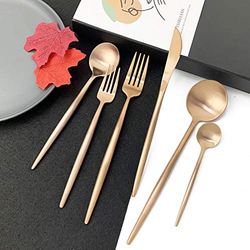 JASHII 18/10 Rose Gold Flatware Silverware Set 304 Stainless Steel Copper Flatware Cutlery Set| 24-Piece Adaline Royal Modern Satin Finish| BEST Birthday Wedding Gift (Rose Gold Matte 4 Sets) - color: Copper, size: Service for 4