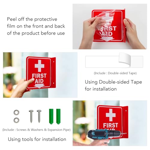 Faittoo First Aid Sign, 2 Pack First Aid with Cross Symbol - 6 x 6 Inches Acrylic Plastic, 2 Pre-Drilled Holes, Includes Matching Screws, Use for Home Office/Business - style: L-shaped 2 Pack