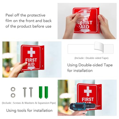 Faittoo First Aid Sign, 2 Pack First Aid with Cross Symbol - 6 x 6 Inches Acrylic Plastic, 2 Pre-Drilled Holes, Includes Matching Screws, Use for Home Office/Business - style: L-shaped 2 Pack