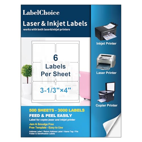500 Sheets 3000 Pcs 3-1/3 x 4 6 Up Shipping Address Labels for Laser & Inkjet Printers, 3-1/3" x 4" 6 per Sheet Shipping Mailing Stickers, 6 Labels per Page - size: 4"x3-1/3"---500P