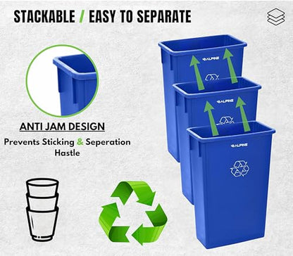 Alpine Commercial Slim Trash Can 23 Gallon - Set of 3 Tall Blue Recycle Bin – Space-Saving, Leakproof Plastic Waste Receptacles for Office, Janitorial & Public Use