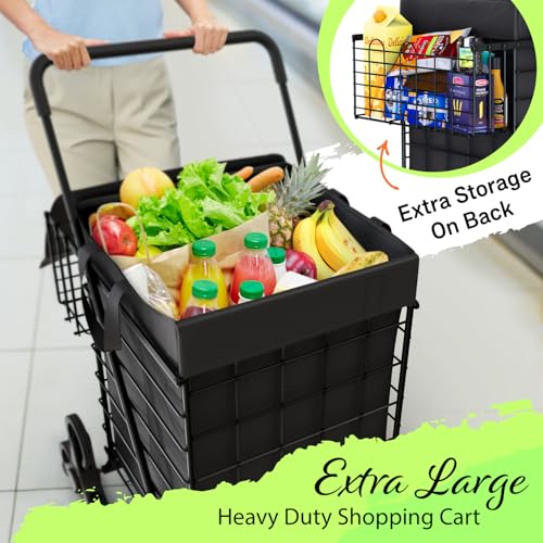 Our Modern Space Stairs Climbing Shopping Cart w/Waterproof Basket Liner & 360° Swivel Wheels | Foldable Collapsible & Lightweight | Perfect for Groceries Laundry Utility Cart - Black - color: Black
