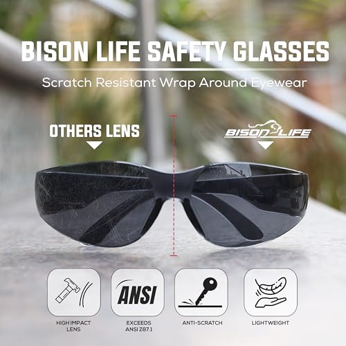 BISON LIFE Black Safety Glasses for Men & Women, Bulk, ANSI Z87.1, 12 Pack - color: Black/Black