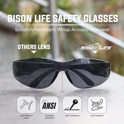 BISON LIFE Black Safety Glasses for Men & Women, Bulk, ANSI Z87.1, 12 Pack - color: Black/Black