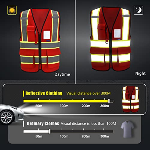 AYKRM Security Vest for Men Women 7 Pockets High Visibility Reflective Safety Vest Front Zipper Meets ANSI/ISEA - color: Red, size: X-Small