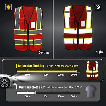AYKRM Security Vest for Men Women 7 Pockets High Visibility Reflective Safety Vest Front Zipper Meets ANSI/ISEA - color: Red, size: X-Small