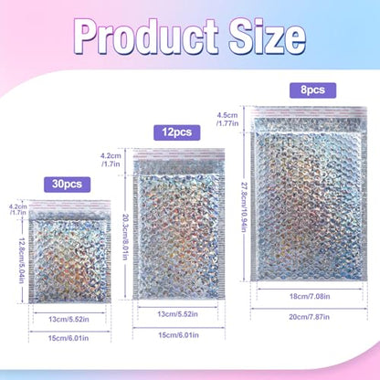 50 Pieces Holographic Bubble Mailers 3 Sizes - color: Glitter Silver