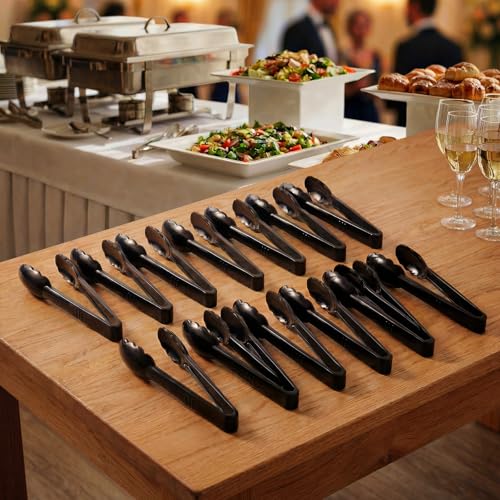 24 Pack Plastic Serving Tongs, 9 Inch Black Heavy Duty Buffet Tongs