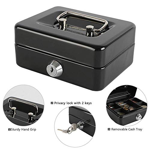 xydled Mini Cash Box with Lock, Metal Money Box, Steel Money Box, Black - color: Black, size: Small