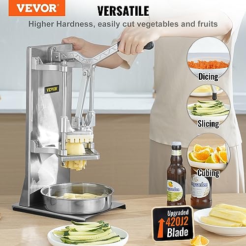 VEVOR Commercial French Fry Cutter with 4 Replacement Blades, 1/4 and 3/8 Blade Easy Dicer Chopper, 6-wedge Slicer and 6-wedge Apple Corer, Lemon Potato Cutter for French Fries with Extended Handle - size: 1/4" + 3/8" + 6-Wedge Slicer + 6-Wedge Apple Core
