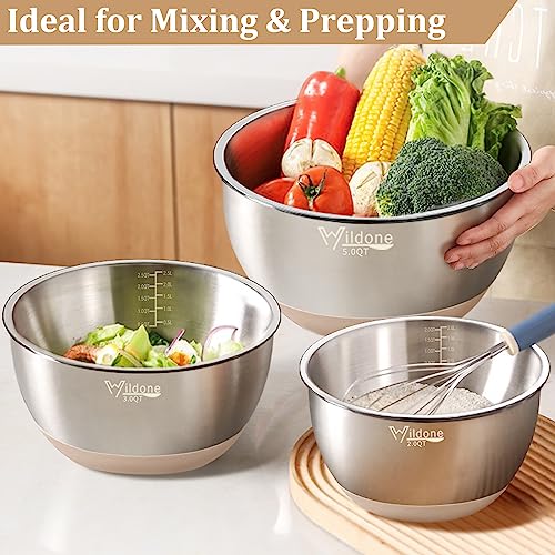 Wildone Mixing Bowls with Airtight Lids, Stainless Steel Nesting Bowls Set - color: Khaki