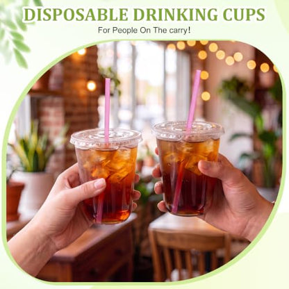 Ziliny 50 Pack 8 oz Plastic Cups with Lids Straws Iced Coffee, Pink - color: Pink, size: 8 oz