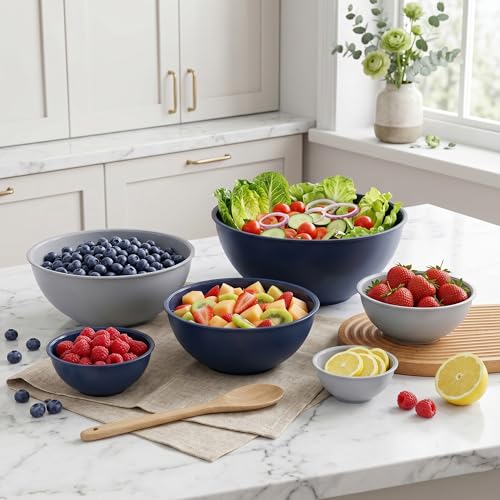BoxedHome BPA Free Plastic Round Mixing Bowl with Lids, 12 Pack Nesting Bowls with Lids Set, Microwave and Dishwasher Safe Prep & Serving Bowls Great for Mixing, Baking, Serving (Haze Blue, 12pcs) - color: Haze Blue