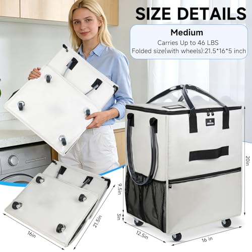 Reusable Grocery Bag On Wheels, 70L Foldable Rolling Tote with 6 Pockets - color: Beige, size: Medium