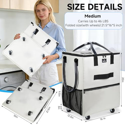 Reusable Grocery Bag On Wheels, 70L Foldable Rolling Tote with 6 Pockets - color: Beige, size: Medium