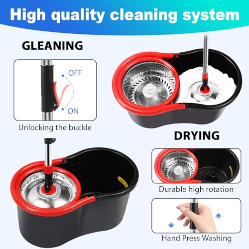 Spin Mop and Bucket with Wringer Set, 360° Spinning Mop Bucket System with 3 Microfiber Mop Replacement Heads Refills, Stainless Steel Extended Handle for Floor Cleaning Home Office