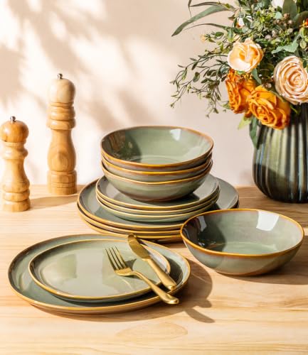 TheTerra Ceramic Dinnerware Set for 4, 12-Piece Plates and Bowls Set - color: Sage Umber