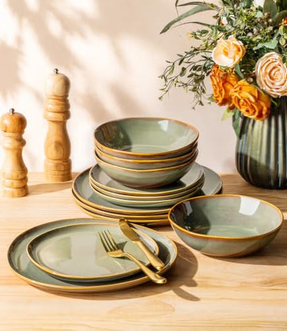 TheTerra Ceramic Dinnerware Set for 4, 12-Piece Plates and Bowls Set - color: Sage Umber