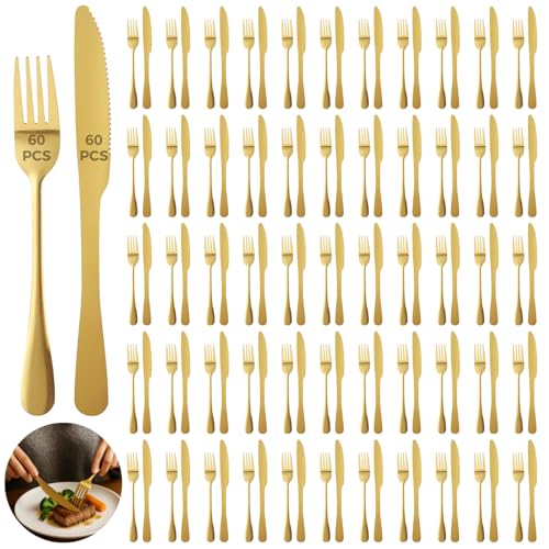 120 Pcs Gold Silverware Set, Includes 60 Forks and 60 Knives, Stainless Steel Flatware Set, Elegant and Sturdy Cutlery, Smooth Surface, Dinner Tableware, Ideal for Home, Restaurant - color: 120pcs Gold