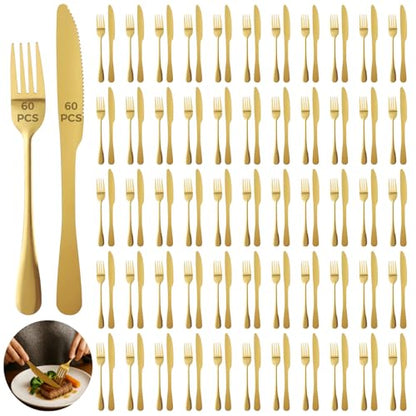 120 Pcs Gold Silverware Set, Includes 60 Forks and 60 Knives, Stainless Steel Flatware Set, Elegant and Sturdy Cutlery, Smooth Surface, Dinner Tableware, Ideal for Home, Restaurant - color: 120pcs Gold