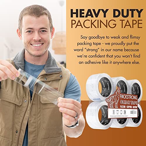 Packstrong Heavy Duty Packing Tape 6 Rolls, 3 Inch Wide 2.0 Mil 110 Yards - size: 3" Wide x 2 Mil Thick