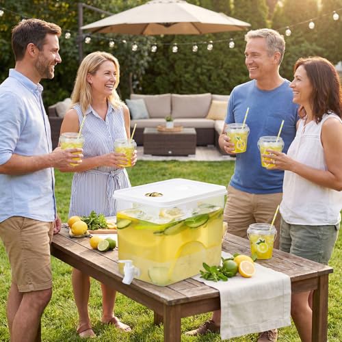 Funnymoom 93 Pcs Lemonade Stand Supplies Include 2 Pack 2.3 Gallon Iced Beverage Dispenser with Spigot 30 Sets 16 oz Lemonade Drink Buckets with Handle Lids Straws Stickers for Party Outdoor Summer