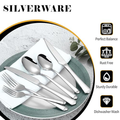 72 Piece Silverware Set for 12, Prendcyx Stainless Steel Flatware Set wtih Steak Knives, Food-Grade Tableware Cutlery Set, Mirror Polished Utensil Sets for Home Restaurant