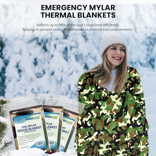 Primacare CB-6842-10 Emergency Mylar Thermal Blankets 10 Pack – 84"x52" Waterproof Space Blankets for Survival, First Aid, Camping, Hiking, Outdoor & Emergency Use – Lightweight Camouflage Design - color: Camouflage