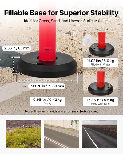 VEVOR 9 Pack Traffic Delineator Posts, 45 inches Traffic Safety Cones with Fillable Base and Reflective Strips, Heavy Duty Delineator Posts for Construction Site, Parking Lot, Crowd Control, Red