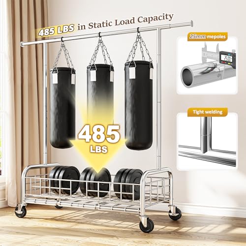 Raybee heavy duty clothes rack with wheels, 485LBS, Bottom Storage Basket - color: Chrome, style: Single Rod