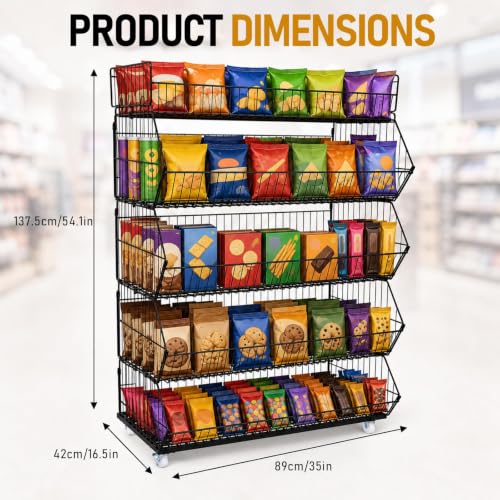 5 Tier Snack Rack Display Stand with Wheels, Rolling Retail Display Rack