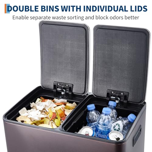 Garvee Dual Trash Can, 16 Gal (2 x 30 l) Stainless Steel Kitchen Garbage Can with Lid and Inner Bucket, Double Compartment Trash and Recycle Bin Combo with Step Pedal for Home Office, Brown - color: Brown, size: 30L+30L