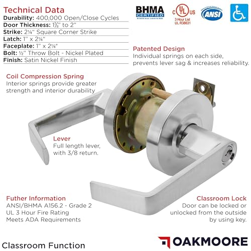 OAKMOORE Premium Commercial Door Handle Grade 2 (Classroom) Heavy Duty Lockset Keyed – Schools Offices Industrial Standard – Grade 2 UL CUL and ADA – Nickel Chrome Finish – ANSI A156.2 - size: Classroom (Key/Schools)