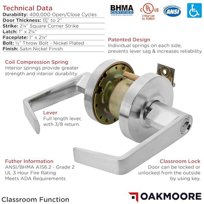 OAKMOORE Premium Commercial Door Handle Grade 2 (Classroom) Heavy Duty Lockset Keyed – Schools Offices Industrial Standard – Grade 2 UL CUL and ADA – Nickel Chrome Finish – ANSI A156.2 - size: Classroom (Key/Schools)