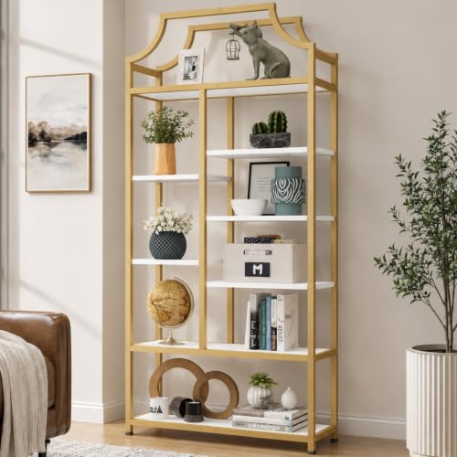 Gyfimoie Lux Etagere 8-Tier Open Shelf Bookcase – 70.87" H x 31.5" L, Modern Metal Frame with Gold Finish & White Shelves, Tall Storage Display for Bedroom, Home Office & Living Room (Gold) - color: Gold