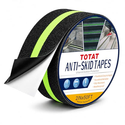 Glow in Dark Anti Slip Tape, 2" x50FT Heavy Duty Waterproof Safety Grip Tape for Stairs, Pool, Bathroom - Black & Glow Stripe Indoor/Outdoor Multi-Purpose Traction Tape - size: 2IN x 50FT