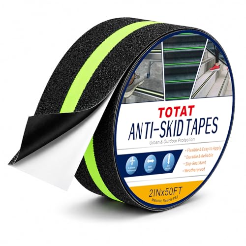 Glow in Dark Anti Slip Tape, 2" x50FT Heavy Duty Waterproof Safety Grip Tape for Stairs, Pool, Bathroom - Black & Glow Stripe Indoor/Outdoor Multi-Purpose Traction Tape - size: 2IN x 50FT