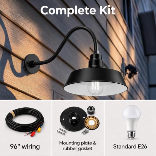 14in. Satin Black Outdoor Gooseneck Barn Light Fixture, 5000K Cool White - color: Satin Black (2-Pack), size: 22 in Gooseneck Arm