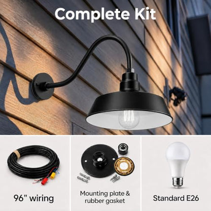 14in. Satin Black Outdoor Gooseneck Barn Light Fixture, 5000K Cool White - color: Satin Black (2-Pack), size: 22 in Gooseneck Arm