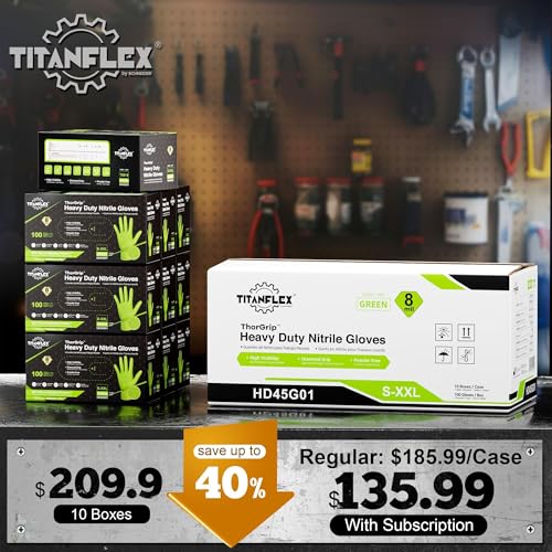 TitanFlex Heavy Duty Industrial Nitrile Gloves with Raised Diamond Texture, 8-mil, Latex Free (Green/Dark Green/Yellow) - color: Green (1000ct), size: Medium